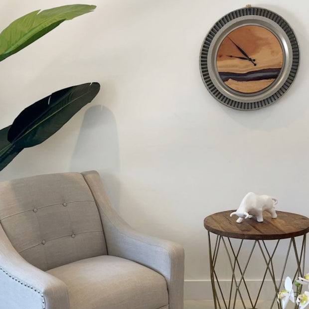 SILVER AND WOOD ENGINE STATOR CLOCK